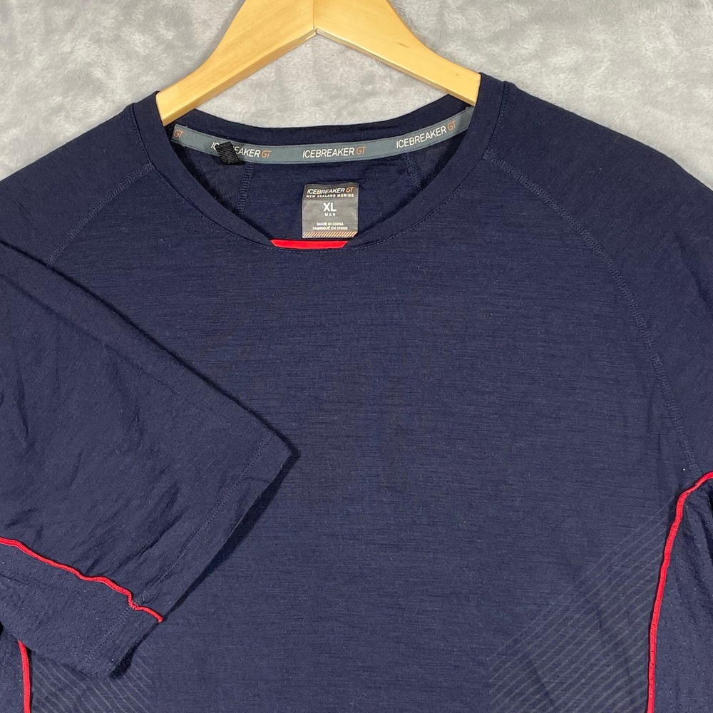 Icebreaker GT Mens XL Navy Blue Merino Wool Short Sleeve Active T-Shirt Red Trim